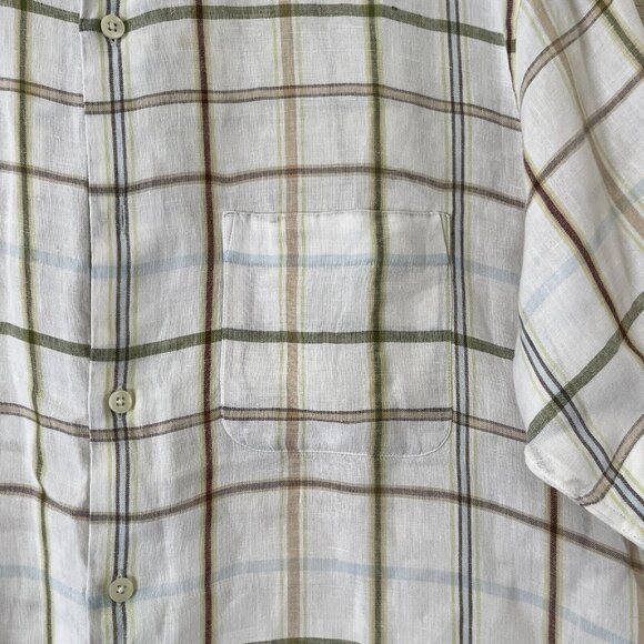 Tasso Elba Mens Medium Ivory Checked Linen Casual Button Up Shirt Short Sleeve - Picture 3 of 7